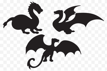 dragons silhouette set, vector on transparent background eps 10