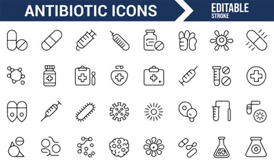 Detailed set of antibiotic-related medical icons for pharmaceutical use