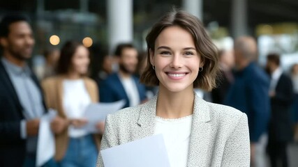 Close-up of confident young woman in line at job fair, smart outfit and portfolio in hand, surrounded by diverse applicants