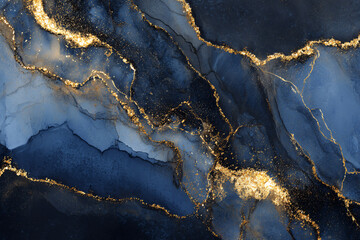 Fototapeta premium Marble texture with dark blue and gold streaks. abstract stone pattern. luxury background. banner. wallpaper dark blue stone. gold inclusions.