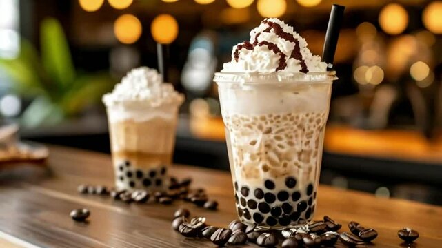 Tapioca boba balls coffee frappe, asian trendy cold coffee drink with tapioca balls and whipped coconut cream.