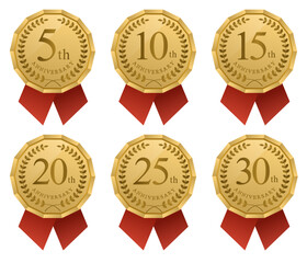 周年・10周年・15周年・20周年・25周年・30周年のアニバーサリーロゴ(anniversarry logo エンブレム 月桂樹 お祝い ベクター 編集可能 シンプル リボン メダル 赤 金メダル)