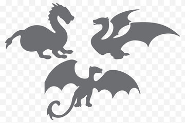 dragons silhouette set, vector on transparent background eps 10