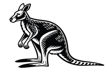 Monochromatic stylized kangaroo stands upright in a bold outlined pose; it is shown laterally