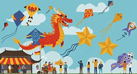 Obraz premium Colorful Dragon Kite and Star Kites Flying at Outdoor Festival