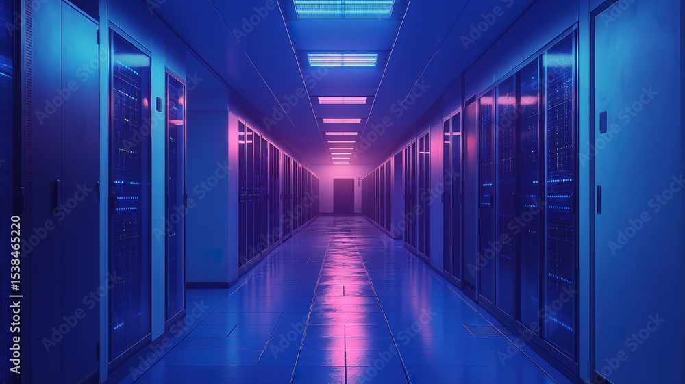 Poster corridor of data servers with blue lighting displaying computer racks in high tech server room
