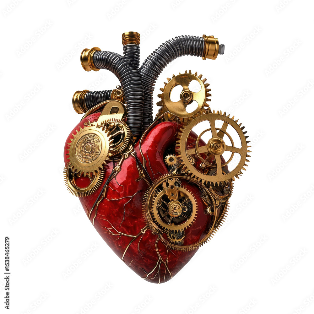 Poster mechanical heart with cogs and pipes, symbolizing technology and emotion in a steampunk style artwor