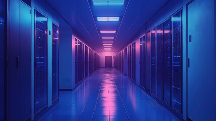 Corridor Of Data Servers With Blue Lighting Displaying Computer Racks In High Tech Server Room