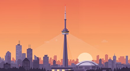 Fototapeta premium Cityscape Silhouette with Tower at Sunset Orange Sky Background