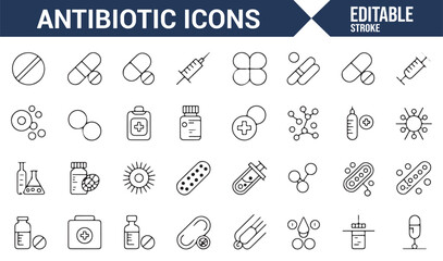 Set of healthcare and pharmaceutical icons with antibiotics, medicine bottles, and syringes.