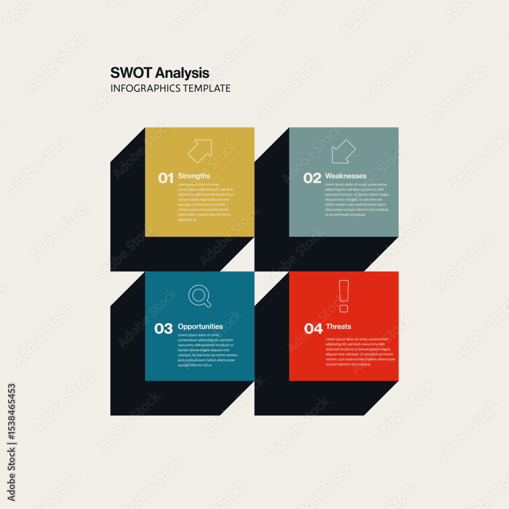 Poster swot analysis infographic template with square graphic elements. editable eps10 vector.