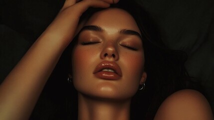 A woman with a red lip is laying down. The image has a mood of relaxation and comfort