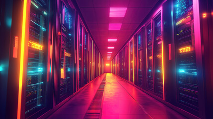 Data Center Hallway Lined With Servers Featuring Blinking Lights And Modern Infrastructure