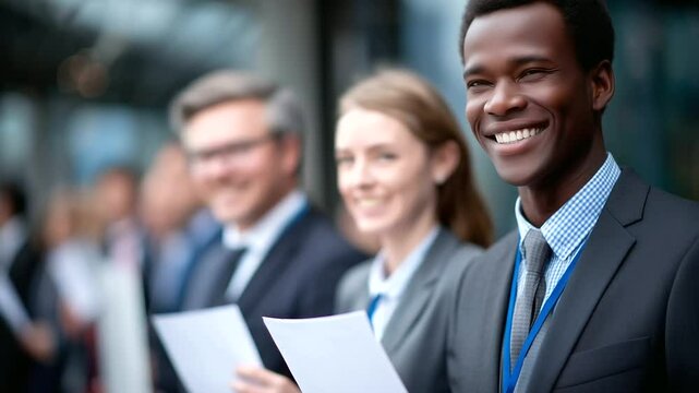 People in formal wear hold folders and application packets as they queue up near an information desk, eager to make professional connections