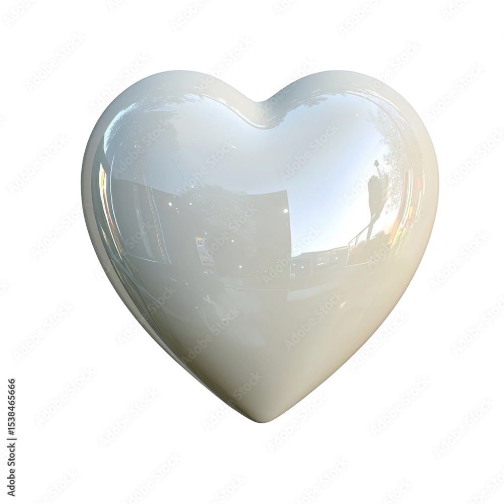 Poster heart-shaped metallic sculpture with reflective surface in urban environment for artistic concepts a