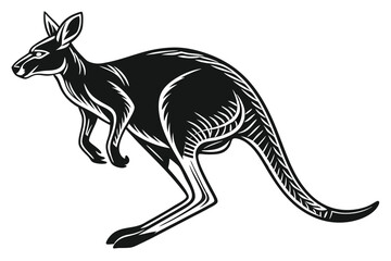 Monochrome stylized kangaroo bounding forward with detailed tribal line art evokes raw power