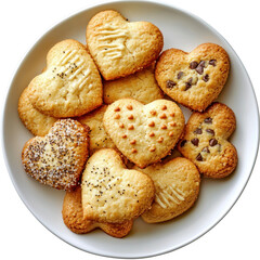 Fototapeta premium Freshly Baked Heart-Shaped Cookies on White Plate with Chocolate Chips and Icing for Valentine's Day Celebration transparent background