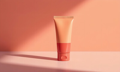 Cosmetic tube mockup standing on coral surface, beauty product advertising concept