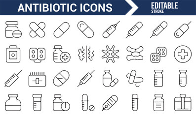 Set of antibiotic icons depicting common medical treatments and medications