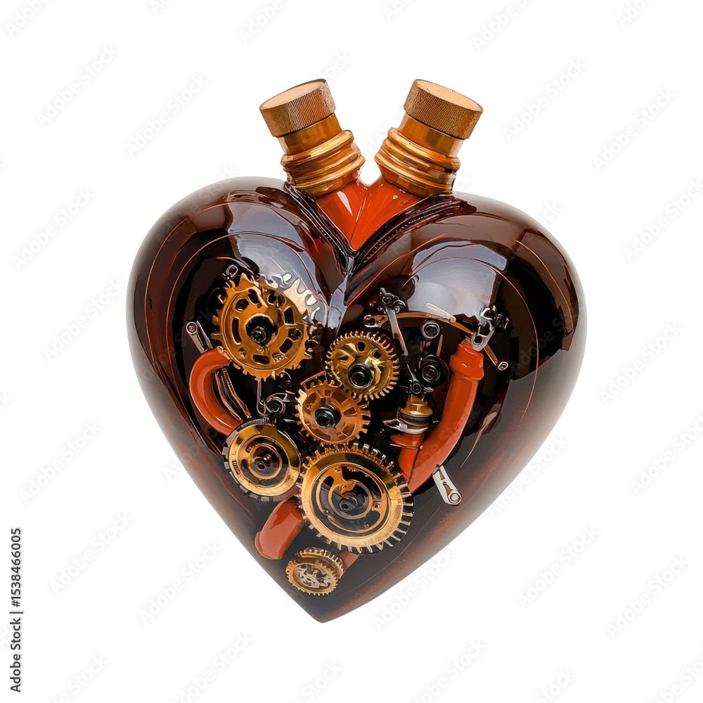 Poster conceptual heart shape design featuring intricate gears and steampunk elements symbolizing love and 