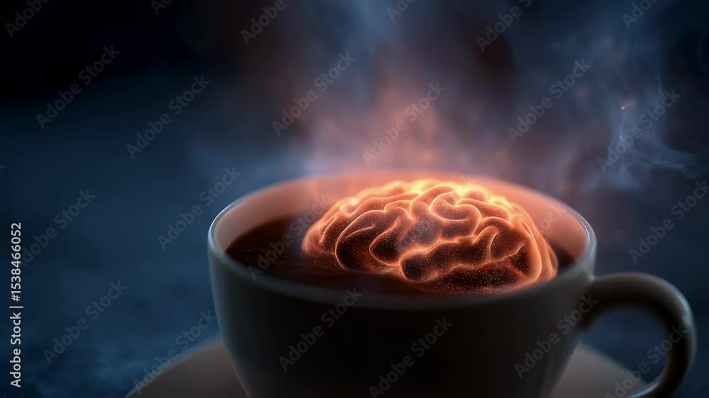 Poster conceptual animation of a glowing brain emerging from a steaming coffee cup, symbolizing mental stim