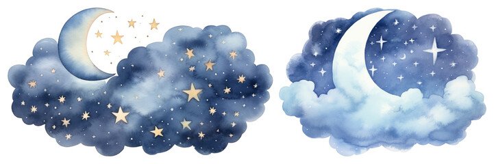 PNG Dreamy celestial watercolor clouds, element set on transparent background