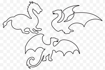 dragons silhouette set, vector on transparent background eps 10