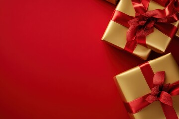 Golden gift boxes adorned with red ribbons create a festive display on a vibrant red background, perfect for celebrations and special occasions throughout the year