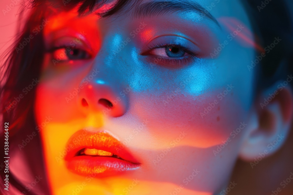 Poster vibrant colors create an artistic portrait with overlapping hues highlighting the features of the su