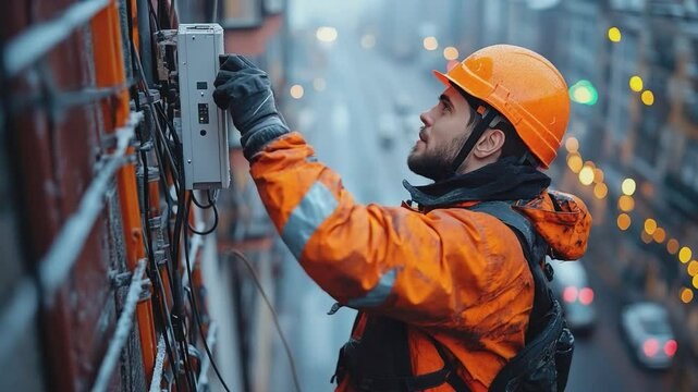 The Technician's Precision: A focused technician, clad in an orange safety ensemble, meticulously inspects network infrastructure on a building's exterior, highlighting precision and dedication.