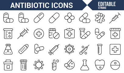 Collection of icons for antibiotics and medical science, suitable for healthcare projects.