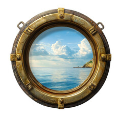 Obraz premium Serene Seascape Through Porthole Window with Cloudy Sky and Calm Waters in Nautical Style transparent background