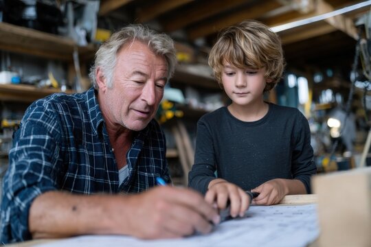 A heartwarming scene of a grandfather and grandson working together on a project, showcasing the bond, imagination, and shared learning between generations.
