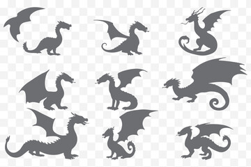 Stylized dragon silhouette icon set in curved forms eps 10