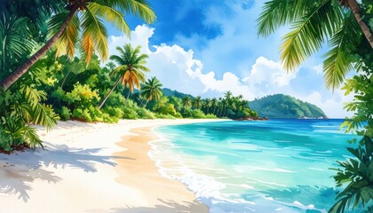 Tropical paradise beach with turquoise waters and palm trees evoking relaxation, ideal for Caribbean or Southeast Asian island holidays