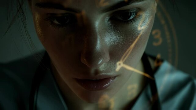 Night shift nurse standing beside translucent clock, glowing face symbolizing disrupted circadian rhythm and healthcare work stress