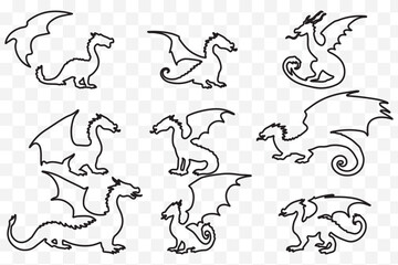 Stylized dragon silhouette icon set in curved forms eps 10