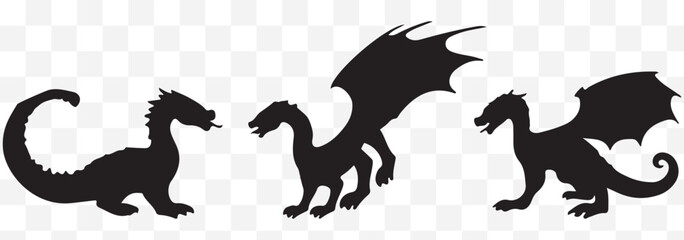 A set of silhouette dragon illustrations in various poses, set of silhouettes of dragons various dragon silhouettes.  eps 10
