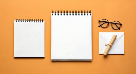 Notebooks Glasses and Scroll on Orange Desk Surface