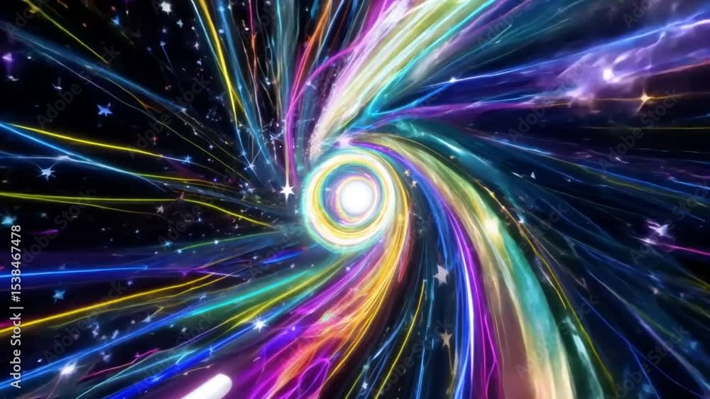 Poster cosmic vortex with vibrant light trails creating a dynamic and futuristic atmosphere, ideal for scie