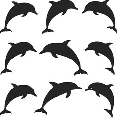 Fototapeta premium Set of Nine Dolphin Silhouettes, Black Vector Illustration of Jumping and Swimming Marine Mammals 