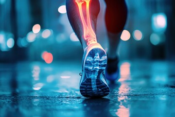Xray showing joint pain and injury in the leg while running during nighttime in an urban setting