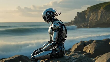 Lonely humanoid robot sitting on a rocky coast looking at waves under cloudy sky, futuristic melancholy. Concept of artificial intelligence and solitude - Powered by Adobe