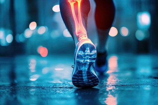 Xray showing joint pain and injury in the leg while running during nighttime in an urban setting - Powered by Adobe