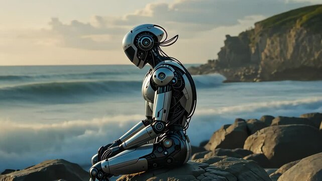 Lonely humanoid robot sitting on a rocky coast looking at waves under cloudy sky, futuristic melancholy. Concept of artificial intelligence and solitude