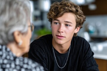 An attentive teenager listens to an elderly woman, reflecting the importance of intergenerational communication, respect, and the passing of wisdom in close family bonds.