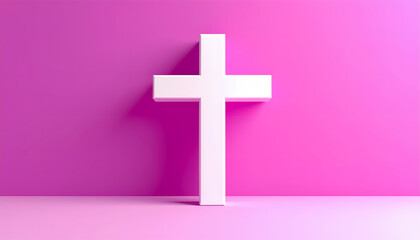 Fototapeta premium White Cross Against Pink Background - Christian Symbolism and Religious Imagery
