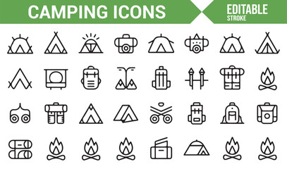 Collection of outdoor icons related to camping gear, hiking, and nature adventures.
