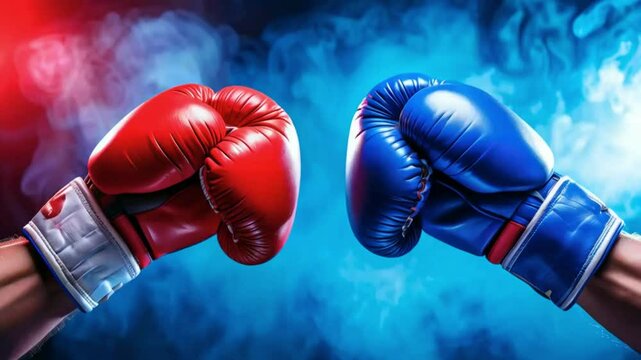 Two boxing gloves facing each other, one red, the other blue. a symbol of confrontation. light haze and spotlight.