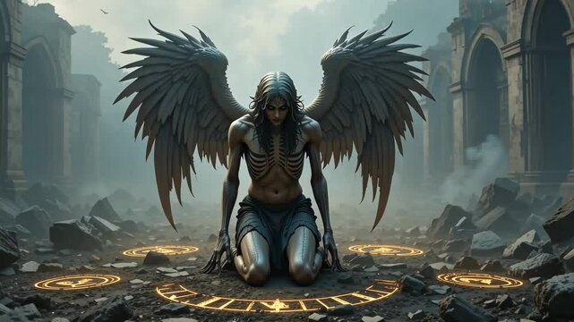 Dark muscular angel with large black wings crouching on rocky terrain under stormy sky. Concept of fallen angel and inner torment